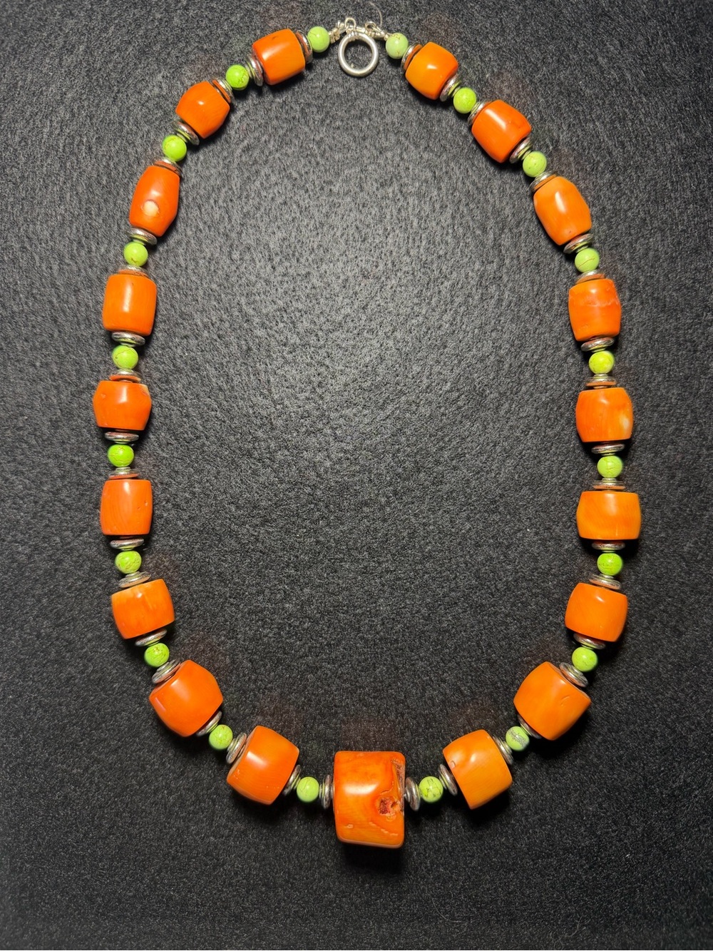 Vintage 925 Sterling Silver and Coral bead necklace green turquoise spacer beads
